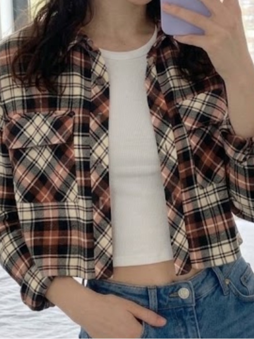 Cropped Plaid Jacket in Brown & Cream Like New